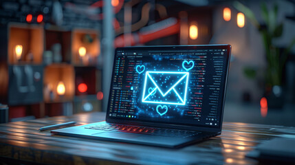 Aufkleber - A modern laptop with an open email interface displaying glowing blue envelopes, matte black finish, minimalistic workspace, angled screen perspective, sleek and modern look. Generative AI.