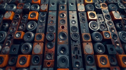 Sticker - A wall of speakers and woofer, different sizes. Generative AI.