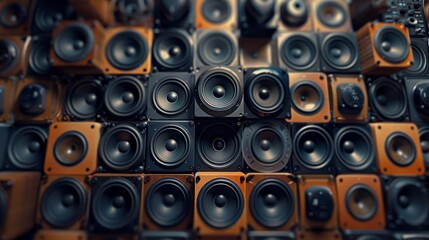 Fototapete - A wall of speakers and woofer, different sizes. Generative AI.
