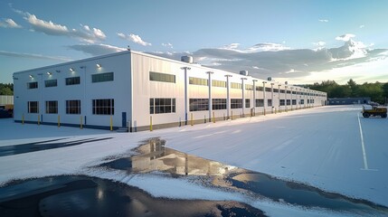 Wall Mural - Seamless white PVC commercial flat roof of factory, summer day. Aerial high view. Generative AI.