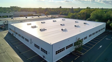 Wall Mural - Seamless white PVC commercial flat roof of factory, summer day. Aerial high view. Generative AI.