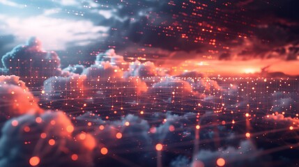 Poster - Smart data exchanges, data transfers, and a cloud network that connects to an online server. Cybersecurity and online data storage. Generative artificial intelligence.