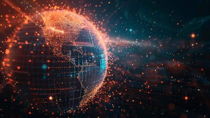An abstract background with a globe. A smart city with internet of things and network communication. A concept of global business using artificial intelligence to generate new products.