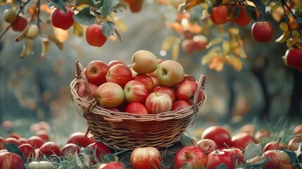 Wall Mural - A basket of apples on an apple tree branch, surrounded by other red and green apples scattered around the ground. The background is a blurred grassy meadow with trees. Generative AI.