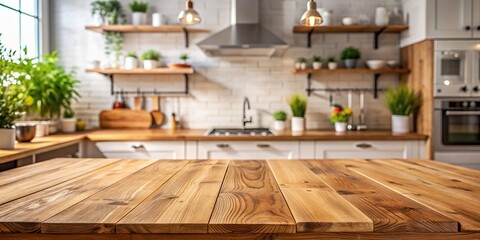 Wooden table in the foreground with a kitchen background, perfect for product shoots , culinary, kitchen, interior, wooden, table, background, product, setup, cooking, utensils, gourmet, food