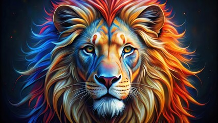 Close-up airbrush painting of lion on black background with red, blue, and gold colors , lion, close up, airbrush, painting, fantasy, art, red, blue, gold, colorful, animal, wildlife