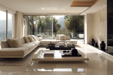 Minimalist Living Room with Coffee Table Books, Living room with coffee table books and sleek furniture