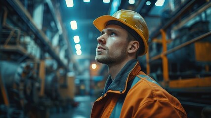 Poster - Work at a heavy industry manufacturing factory. Industrial worker indoors in a factory. Safety first approach.