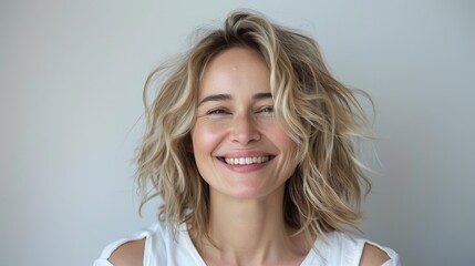 A young blonde smiling and laughing woman isolated on a white background with a clean fresh face 35 years old