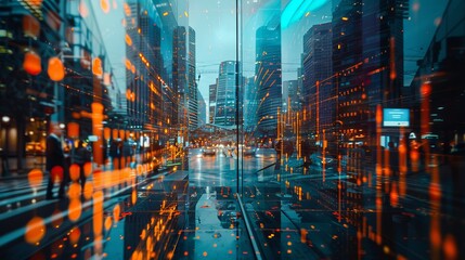 Poster - an image of a virtual creative financial diagram on the exterior of a contemporary business center, 