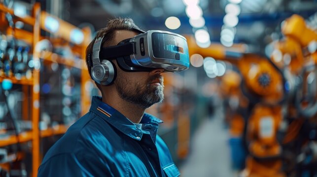 An engineer controls the robotic welding arm in a factory production line using VR Glasses