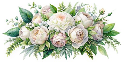 Classic white peony, hydrangea, magnolia and rose flowers with eucalyptus, fern, and greenery in a big design spring wedding bouquet. Watercolor painting, peonies, hydrangeas, magnolias