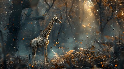 Surreal Giraffe Encounter in Ethereal Autumnal Forest