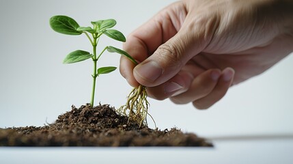 Aufkleber - A hand is gripping the stem of an uprooted plant using the thumb and forefinger. The roots are visible. The background is white. Generative AI.