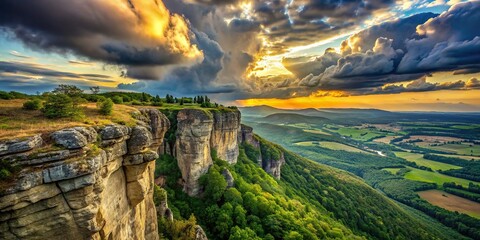 High cliff overlooking the landscape with a dramatic sky, Jesus, standing, torn, earthly desires, heavenly mission, miracles, fame, adulation, high cliff, landscape, dramatic sky