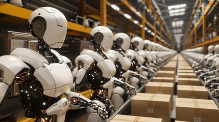 Wall Mural - A line of robots are working in a factory. The robots are all white and have a robotic appearance. The robots are working on a conveyor belt, and there are several of them in a row