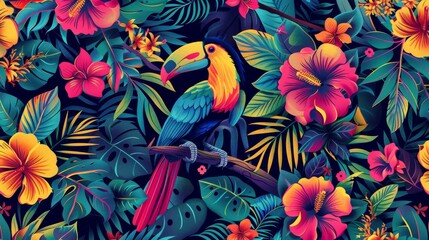 Poster - Tropical rainforest seamless pattern with birds and flowers influenced by organic forms and vibrant colors