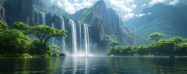 Wall Mural - a fantastic waterfall in impressive green exotic nature with lake and mountains