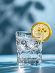Wall Mural - A glass of sparkling water with ice cubes and a lemon slice.