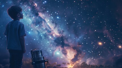 young boy looking at galaxies and constellations during a night of stargazing.