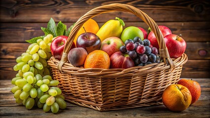 Wall Mural - Wicker basket filled with fresh fruits such as apples, grapes, bananas, and oranges , wicker basket, fruits, apples, grapes, bananas, oranges, healthy, fresh, colorful, harvest, organic