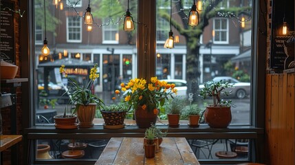 Aufkleber - A cozy cafe interior on a rainy day, window view. Generative AI.