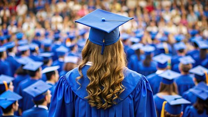 Rear view of female graduate in blue cap and gown at commencement ceremony overlooking crowd of graduates , achievement, education, success, graduation, ceremony, female, graduate, blue, cap