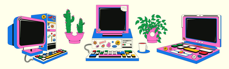 Set of vintage computers in retro groovy style. Vector illustration of desktop computers with stickers. Y2k aesthetics.