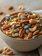 Sticker - A ceramic bowl filled with assorted mixed nuts and seeds.