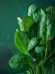 Wall Mural - Several fresh spinach leaves against a dark green background