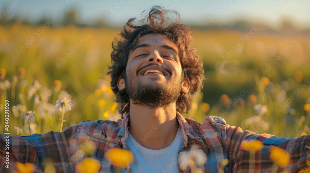Enjoye Happy and free Indian man with open arms, enjoying life in meadows and ...