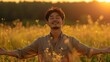 © Антон Сальников - Happy Asian man with open arms enjoying life in meadows and nature background, young happy Chinese male with good mental health