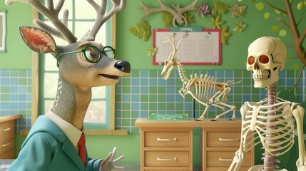 Wall Mural - A deer with spectacles and a professora??s hat, teaching biology, standing beside a skeleton model in a green-themed classroom.