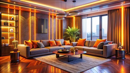 Poster - Glamorous living room with neon lights and orange accents, glamorous, living room, neon lights, interior design, orange accents, modern, luxury, vibrant, stylish, contemporary, elegant