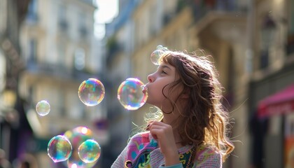 Breezy Parisian Charm: Street Photography of a Beautiful Girl Blowing Soap Bubbles