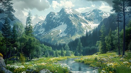 Poster - Mountain view landscape with trees, forest. Generative AI.