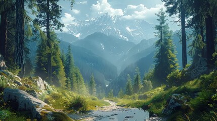 Poster - Mountain view landscape with trees, forest. Generative AI.
