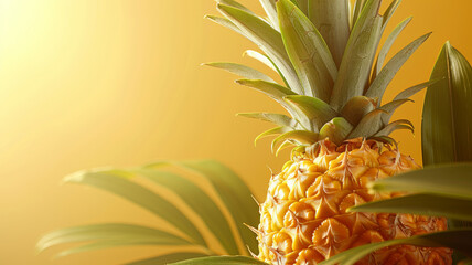 Close-up of a whole pineapple with green leaves on a yellow background.