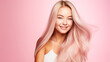 © ALA - Portrait of a beautiful, sexy, smiling, happy Asian blonde woman with long hair and perfect skin, pink background, banner.