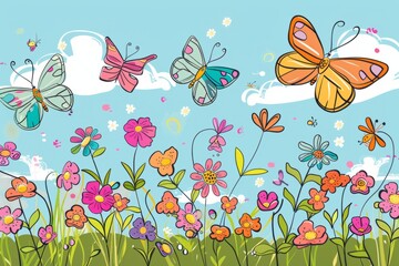 Wall Mural - Cartoon cute doodles of a group of butterflies fluttering among blooming flowers, Generative AI