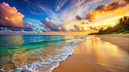 Wall Mural - Serene beach landscape with soft sand, clear blue sea, and colorful sky , background, beach, sand, ocean, sea, sky, clouds, peaceful, tranquil, serene, nature, vacation, relaxation