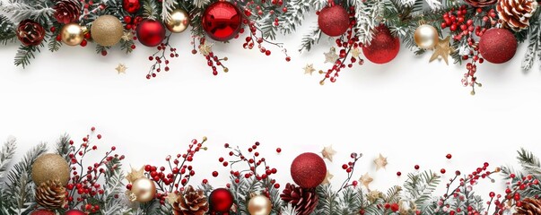 the decoration of fir branches and ornaments on white- a christmas border