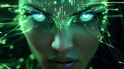 Wall Mural - Glowing white eyes of female cyborg with long hair made from circuitry and green neon lines in the style of circuitry and green neon lines. Generative AI.