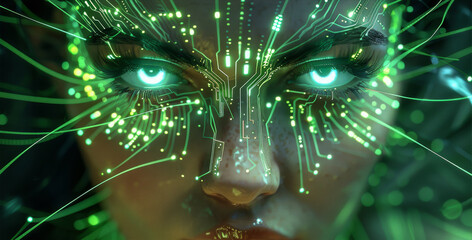Leinwandbilder - Glowing white eyes of female cyborg with long hair made from circuitry and green neon lines in the style of circuitry and green neon lines. Generative AI.