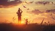© Bundi - Father and child flying a kite on a meadow in summer with a happy family