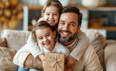 Wall Mural - The little siblings congratulate the happy father at home.