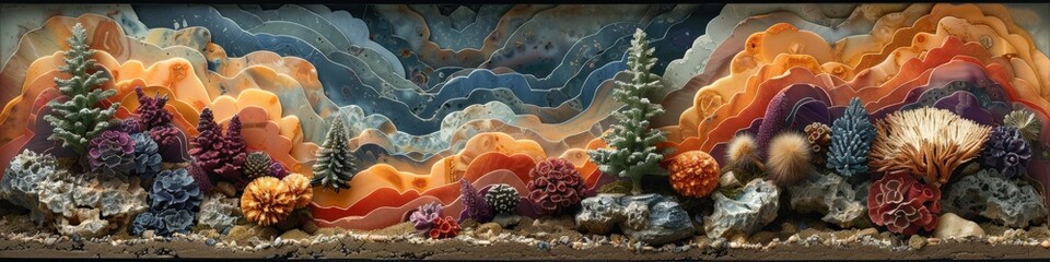 Wall Mural - A painting of a coral reef with mountains in the background