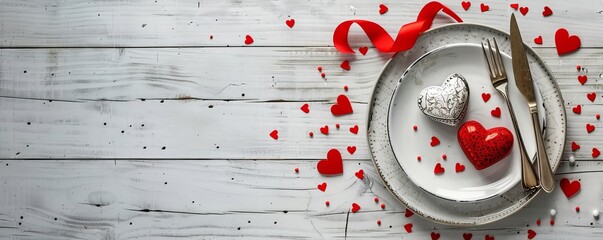 The romantic setting of a table - vintage silverware with a plate of chocolate, ribbon and napkin on a wood plank