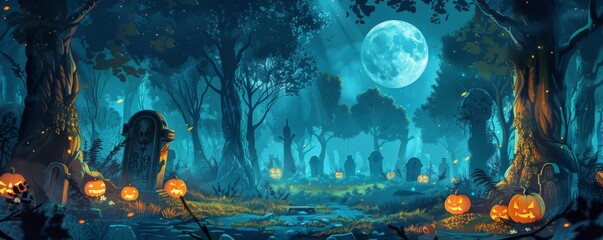 Wall Mural - Spooky Jack-O-Lantern in Cemetery With Full Moon - Halloween