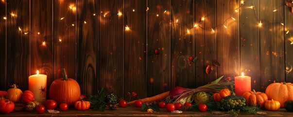 Wall Mural - The Thanksgiving table with candles and string lights is decorated with pumpkins and candles for Thanksgiving